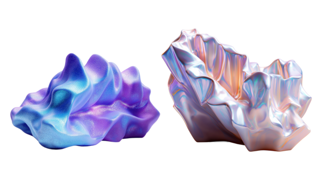 Futuristic iridescent folded forms transparent image set. Abstract shapes with metallic and pearlescent gradient isolated cutouts 3d render. Holographic cut outs cliparts design png