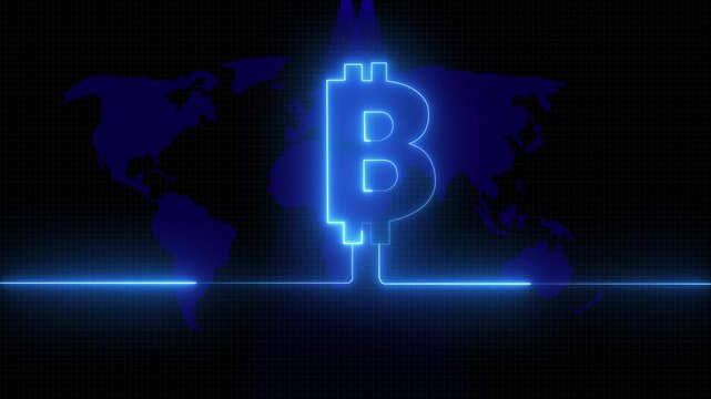 Glowing Bitcoin symbol over world digital map. Futuristic cryptocurrency, blockchain, global finance, and digital technology animation. rotates over world map on background. 
