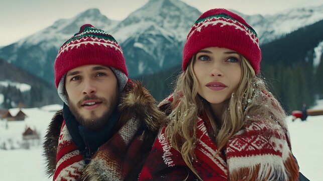 Romantic Couple in Winter Wonderland Snowy Mountains