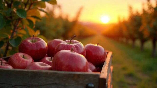 Wooden crate of ripe red apples creating a warm mood, representing the autumn harvest against a golden sunset orchard background 