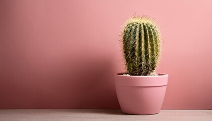 cactus in a pink pot against a pink wall