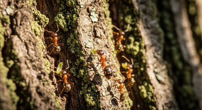 Ants carrying leaves on tree bark with moss and natural light