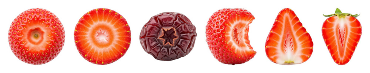 Strawberry set including whole, halved, sliced, and bitten forms isolated. Fresh and dried fruit collection for healthy eating.