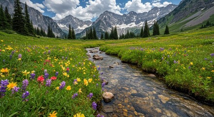 Alpine meadow with stream and wildflowers under mountains