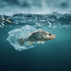 Obraz premium A Fish Caught in a Plastic Bag Drifting Through Ocean Waters, Symbolizing the Impact of Plastic Pollution on Marine Life