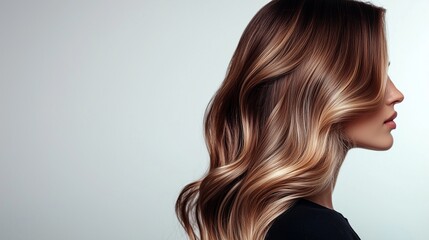 Naklejka premium Woman with long wavy hair. A woman is balayageing. A woman with white hair on a background. Female with lengthy, wavy hair lifestyle.