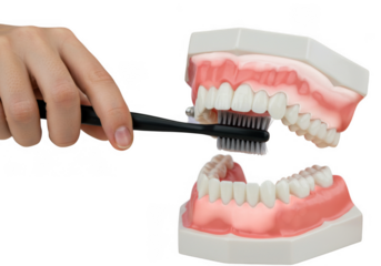 Close up of a hand demonstrating proper brushing technique on a dental model isolated on transparent background