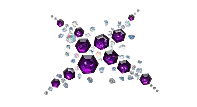 Precision-arranged deep violet hexagonal crystals, silver dust, iridescent flakes form abstract constellation on transparent, macro photorealistic abstract cosmic wonder - Powered by Adobe