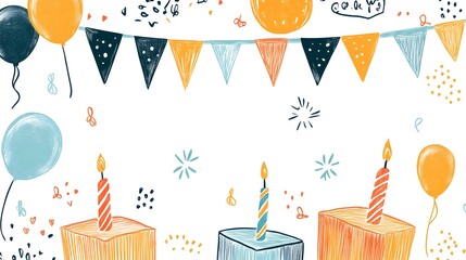 Hand Drawn Birthday Party Background Cakes Balloons Bunting