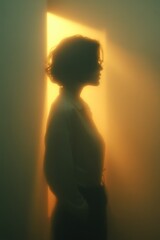 Ethereal Female Silhouette Bathed in Warm Golden Light, Enigmatic Backlit Portrait Capturing Serene Mystery, Ideal for Spiritual Wellness, Mindfulness, or Dramatic Storytelling Projects