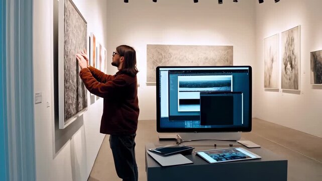 Man in gallery adjusts artwork on wall, preparing exhibition in modern interior, reflecting creativity, artistic lifestyle, cultural environment. man arranges painting in gallery, art and technology,