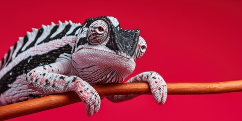 A colorful chameleon perched on a branch in a studio closeup portrait showing vibrant skin texture, exotic detail and vivid photography.