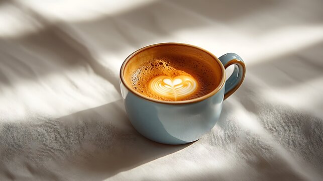 Delightful artisan coffee cup featuring heart shaped latte art on a creamy white fabric