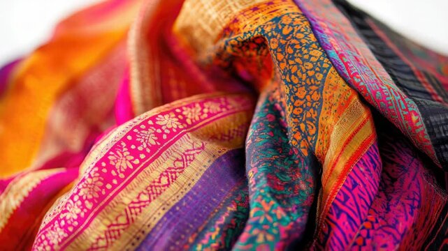 A close-up view of a vibrant and colorful scarf lying flat on a surface, ideal for use in textile design, fashion advertising or interior decoration
