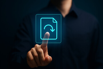 High quality futuristic holographic return policy document icon with curved arrow touched by businessman hand on dark background for business
