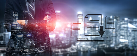 Visual representation of digital document downloading, showing file transfer, data access, and progress status for secure and efficient information retrieval Vouch