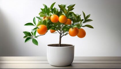 small orange tree growing in a white pot with vibrant green leaves and bright citrus fruits in a natural environment isolated white background