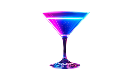 Unique neon cocktail glass with glowing liquid isolated on transparent background
