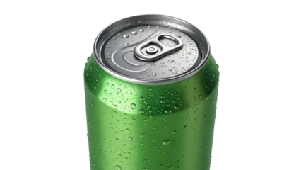 top view of  green beer tin can with drops isolated on transparent background 