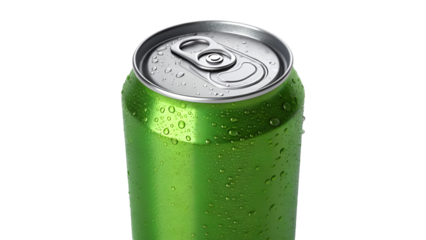  close up green beer tin can with drops isolated on transparent background 