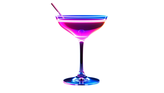 Unique neon cocktail glass with glowing liquid isolated on transparent background