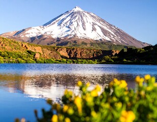 Volcanic peak reflecting in a serene lake