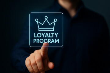 High quality photo realistic business technology concept image of man touching glowing loyalty program icon with modern futuristic holographic design