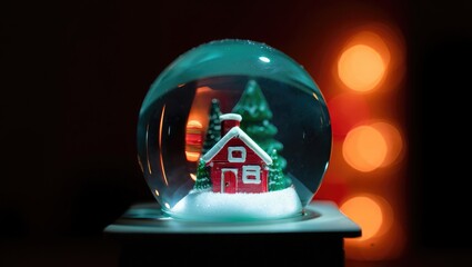 Festive Snow Globe with Red House and Christmas Trees