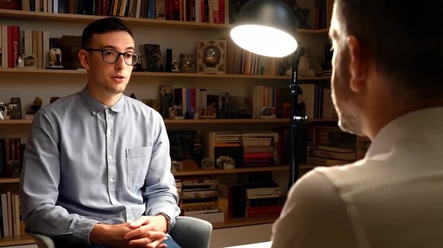 Man in glasses sits in living room, speaking during interview session, communication. Focused man in casual clothes participates in recorded interview, stylish interior with books