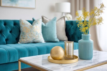 Luxury living room interior styled in turquoise and gold featuring chesterfield sofa