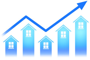 Blue house drawing bars with rising arrow indicating property market growth, in a minimal graphic style, isolated on a white background concept