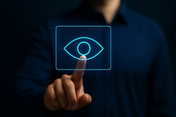 High quality futuristic quick view eye icon glowing digital touch interface concept technology innovation design background for modern commercial use