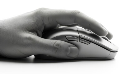 Human hand holding a modern computer mouse on white background close up