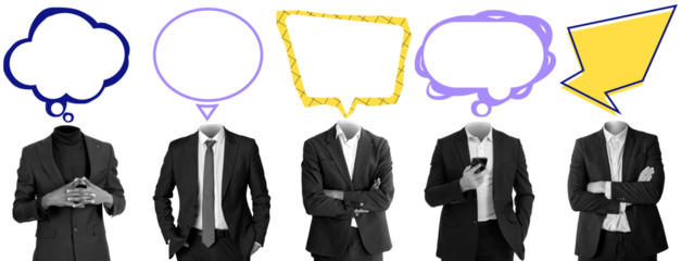 Group of headless men in suits with colorful drawing-style speech bubbles above necks, isolated on white, symbolizing communication and thoughts concept