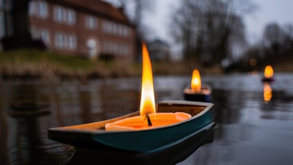 Obraz premium Floating candles in boats on water at dusk image photo