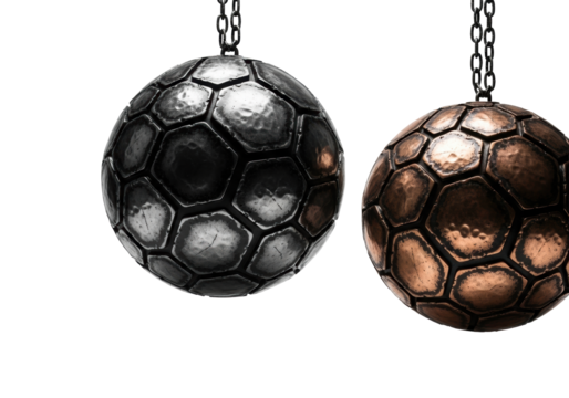 Two enigmatic ovoid orbs (matte black, oxidized copper, hexagonal texture) suspended by industrial chains on a transparent studio background with cinematic lighting, mysterious industrial-abstract