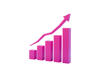 3d pink bar graph with upward trending arrow symbolizing financial growth and success isolated on transparent background