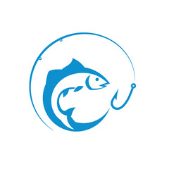 Blue stylized fish logo with fishing line and hook, a simple graphic design.