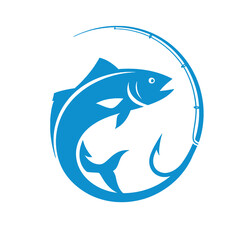 Leaping fish caught on a fishing rod, circular logo design.