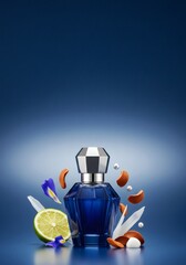 Elegant blue perfume bottle artfully arranged with fresh lime, wholesome cashews, and delicate flower petals, embodying a luxurious and naturally inspired aromatic blend