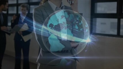 Businesswoman starting call raising smartphone while holographic globe displaying global analysis - Powered by Adobe