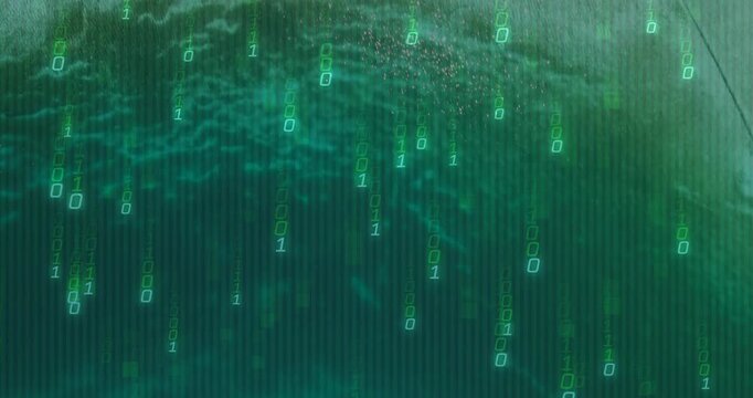 Initial faint binary digits appearing near top, cascading over teal water, representing simulation