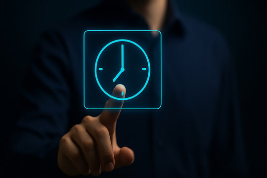 High quality futuristic clock icon touch screen technology concept with glowing holographic digital interface for business, productivity, modern communication design