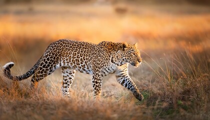 Obraz premium a leopard walking through a grassy field with a blurred background