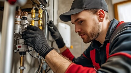 Man in hard hat and gloves working on water heater. Plumber working on heating system. Panorama of a boiler. A man wearing a hard hat and gloves is installing a water heater lifestyle.