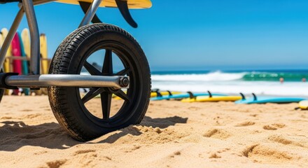 Fototapeta premium Surfboard trolley wheel on beach sand with ocean background