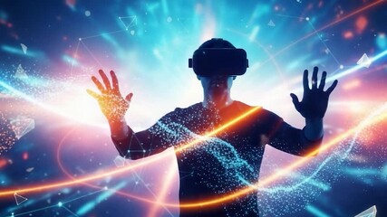 Person using virtual reality headset with abstract digital background. - Powered by Adobe