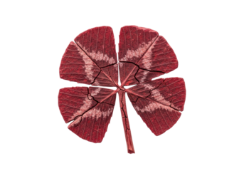 Hyper-detailed macro of an ancient, petrified four-leaf clover with deep crimson hue, mineralized texture, and fractured stem, isolated on transparent background, concept of enduring nature