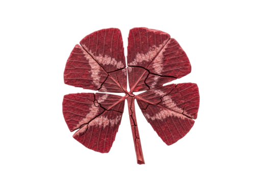 Hyper-detailed macro of an ancient, petrified four-leaf clover with deep crimson hue, mineralized texture, and fractured stem, isolated on transparent background, concept of enduring nature