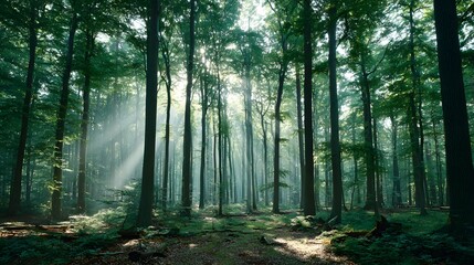 Fototapeta premium Sunlight streams through a dense forest, illuminating the lush greenery and creating a peaceful atmosphere.